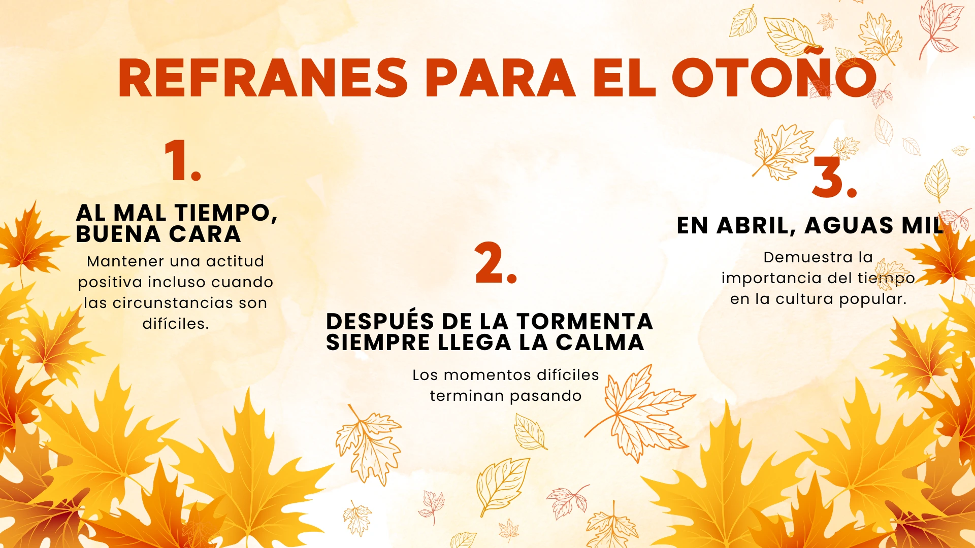 Spanish autumn weather sayings including “al mal tiempo, buena cara”, “después de la tormenta siempre llega la calma”, “en abril, aguas mil“