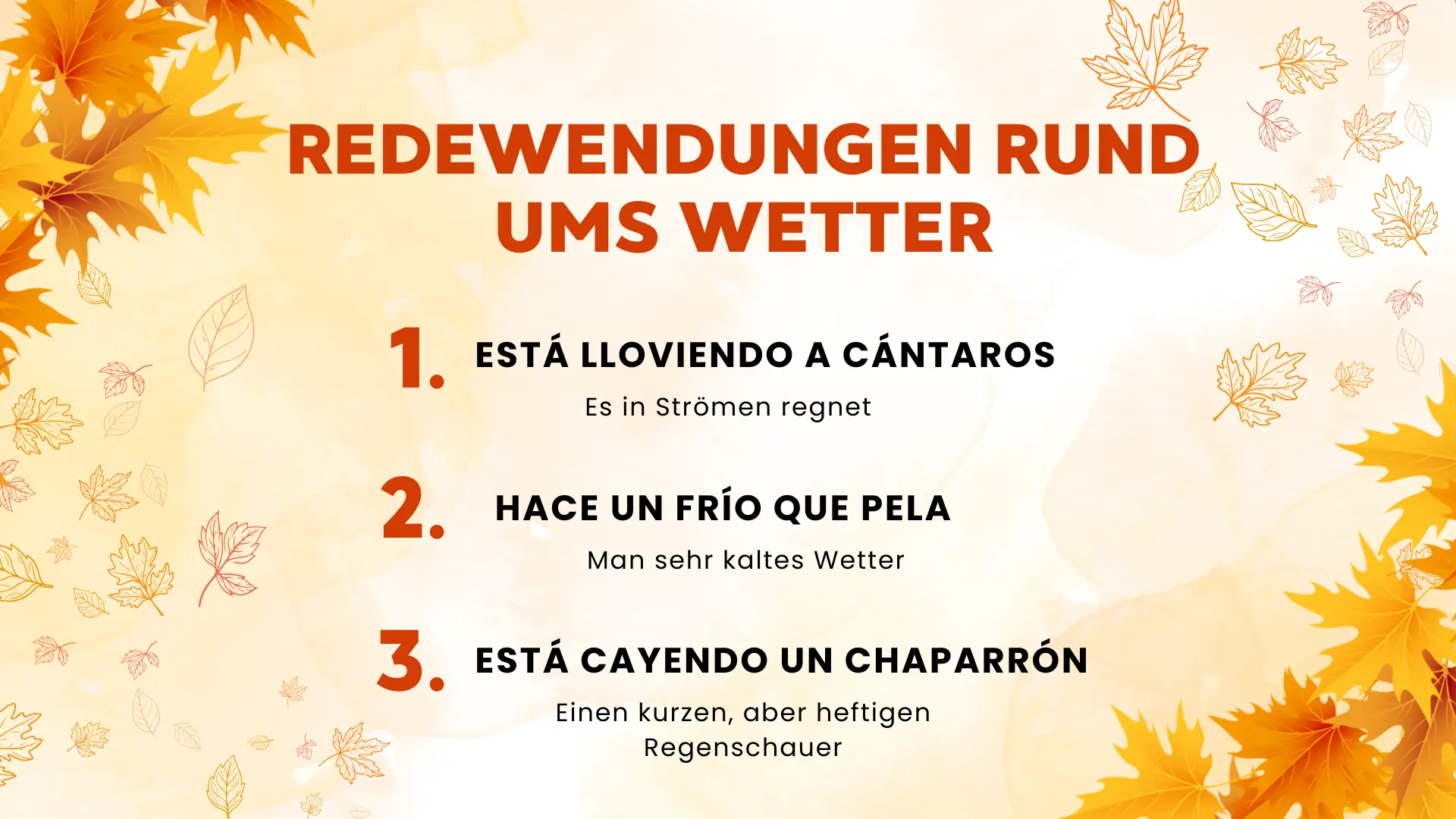 Spanish autumn weather expressions tranlasted to german including “está lloviendo a cántaros”, “hace un frío que pela”, “está cayendo un chaparrón“
