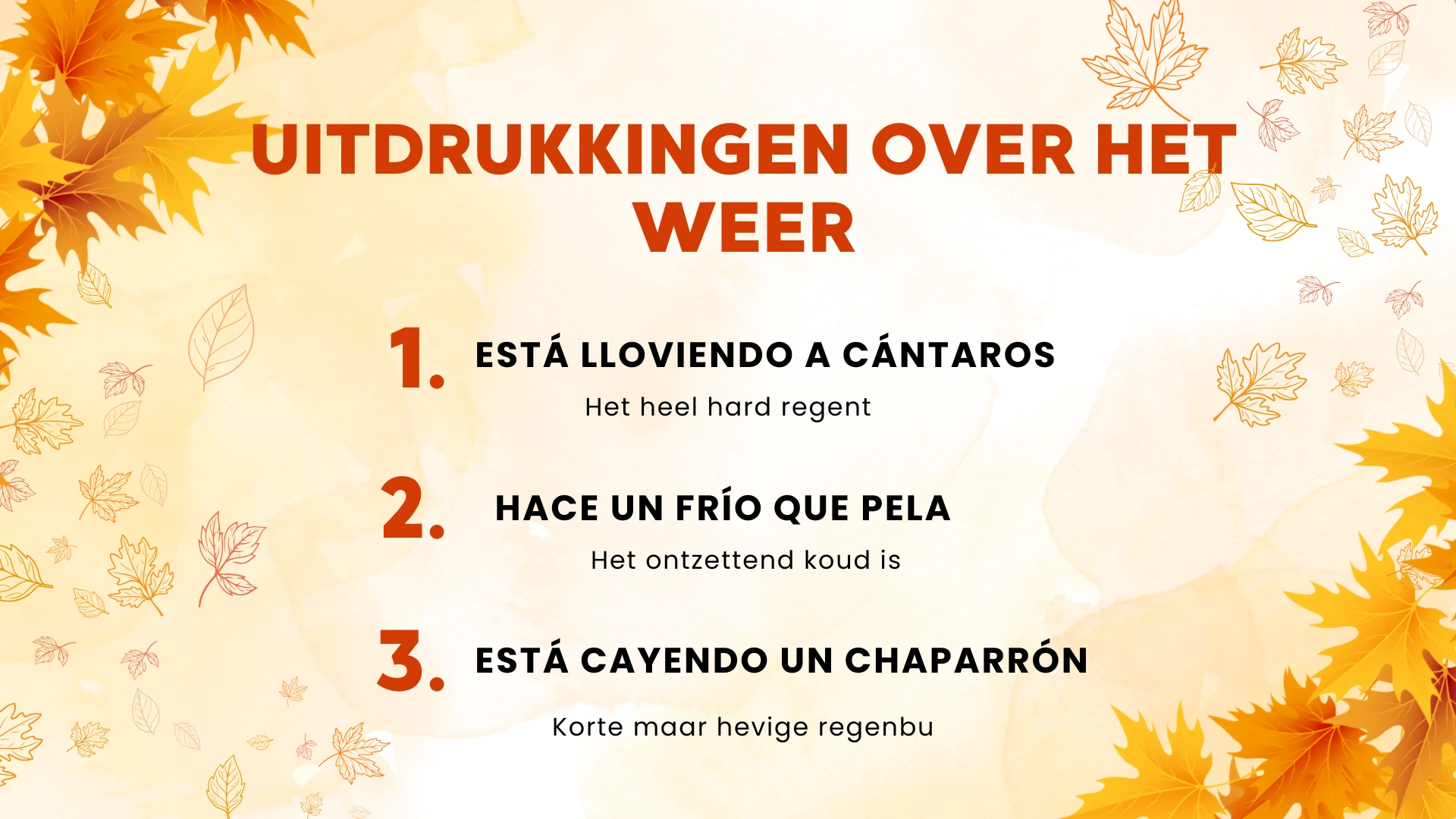 Spanish autumn weather expressions tranlasted to dutch including “está lloviendo a cántaros”, “hace un frío que pela”, “está cayendo un chaparrón“