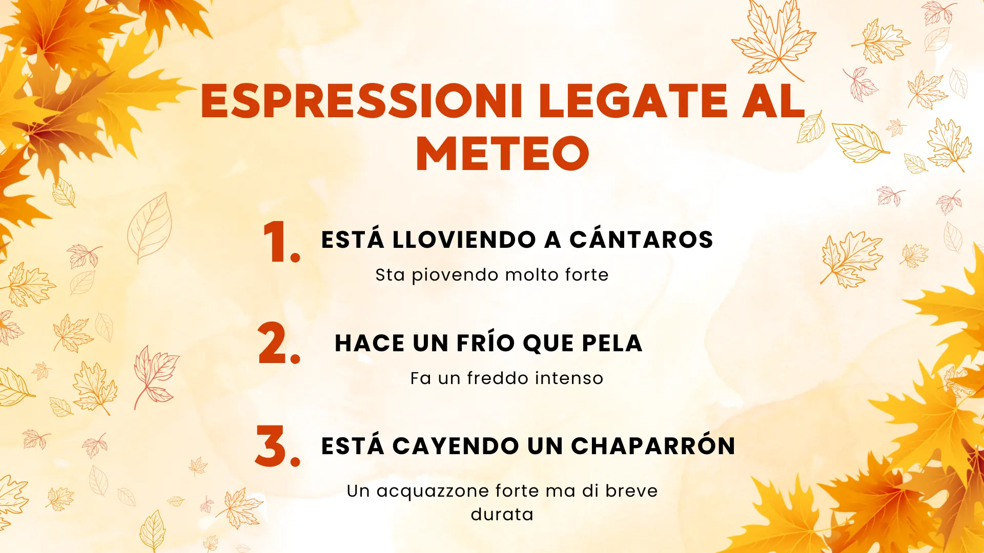 Spanish autumn weather expressions tranlasted to italian including “está lloviendo a cántaros”, “hace un frío que pela”, “está cayendo un chaparrón“