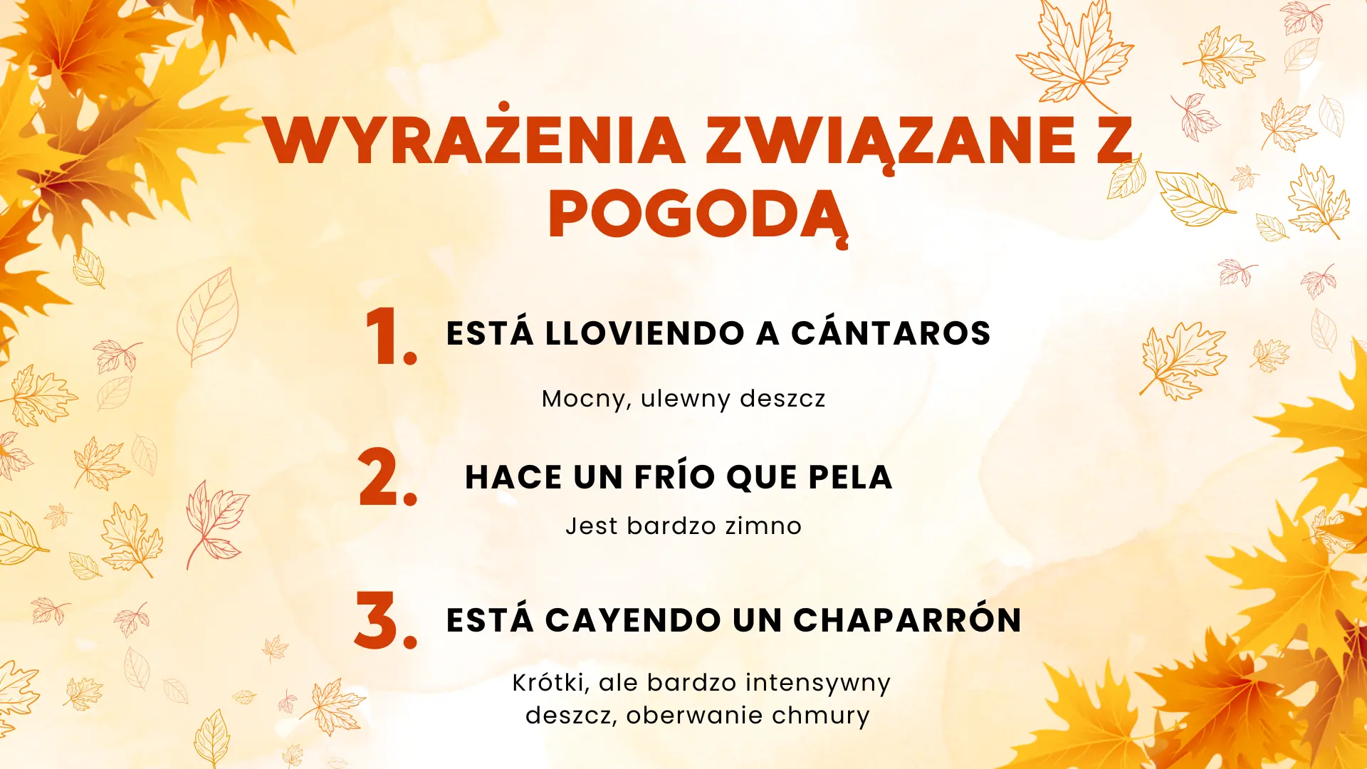 Spanish autumn weather expressions tranlasted to polish including “está lloviendo a cántaros”, “hace un frío que pela”, “está cayendo un chaparrón“