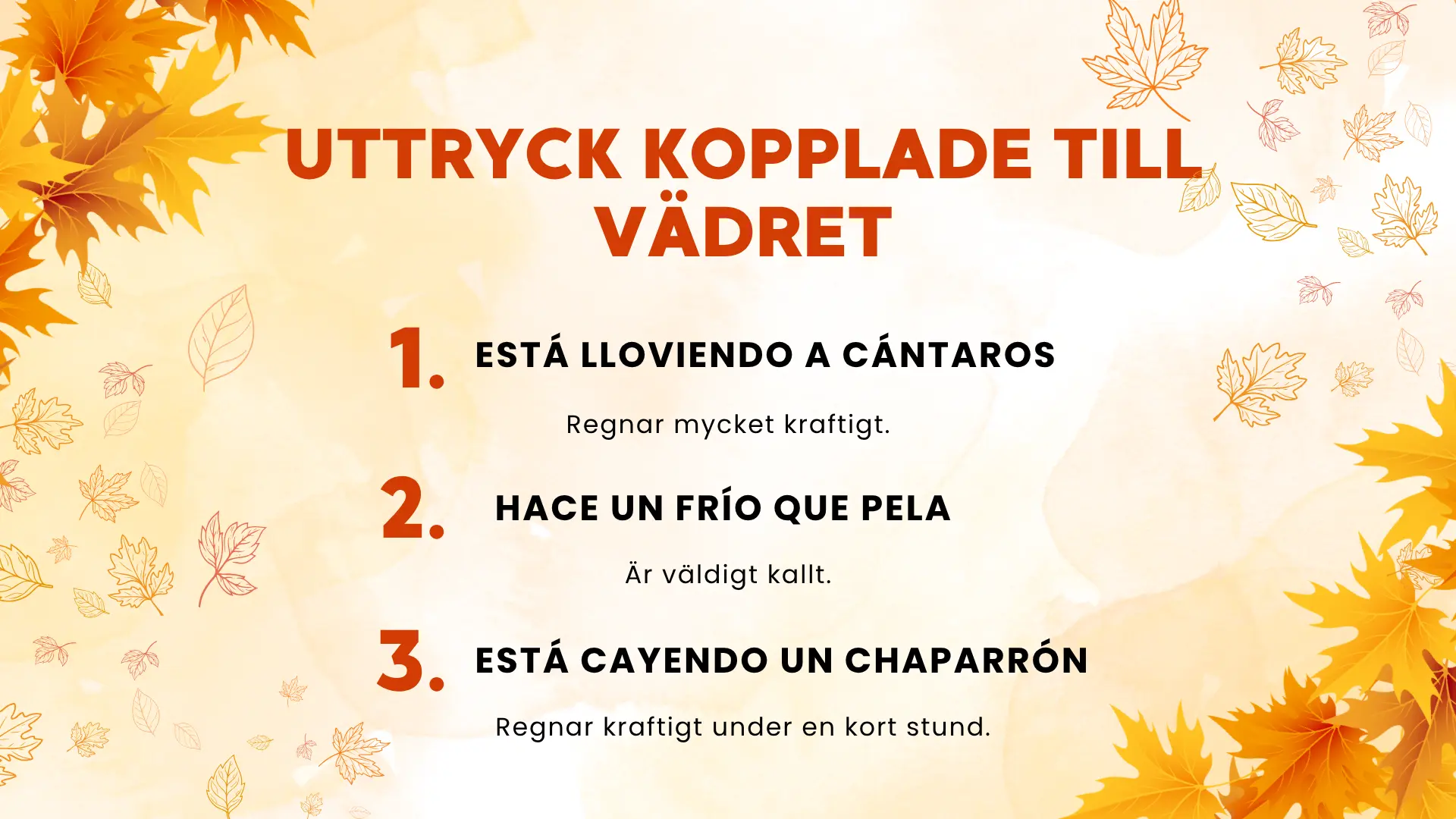 Spanish autumn weather expressions tranlasted to swedish including “está lloviendo a cántaros”, “hace un frío que pela”, “está cayendo un chaparrón“