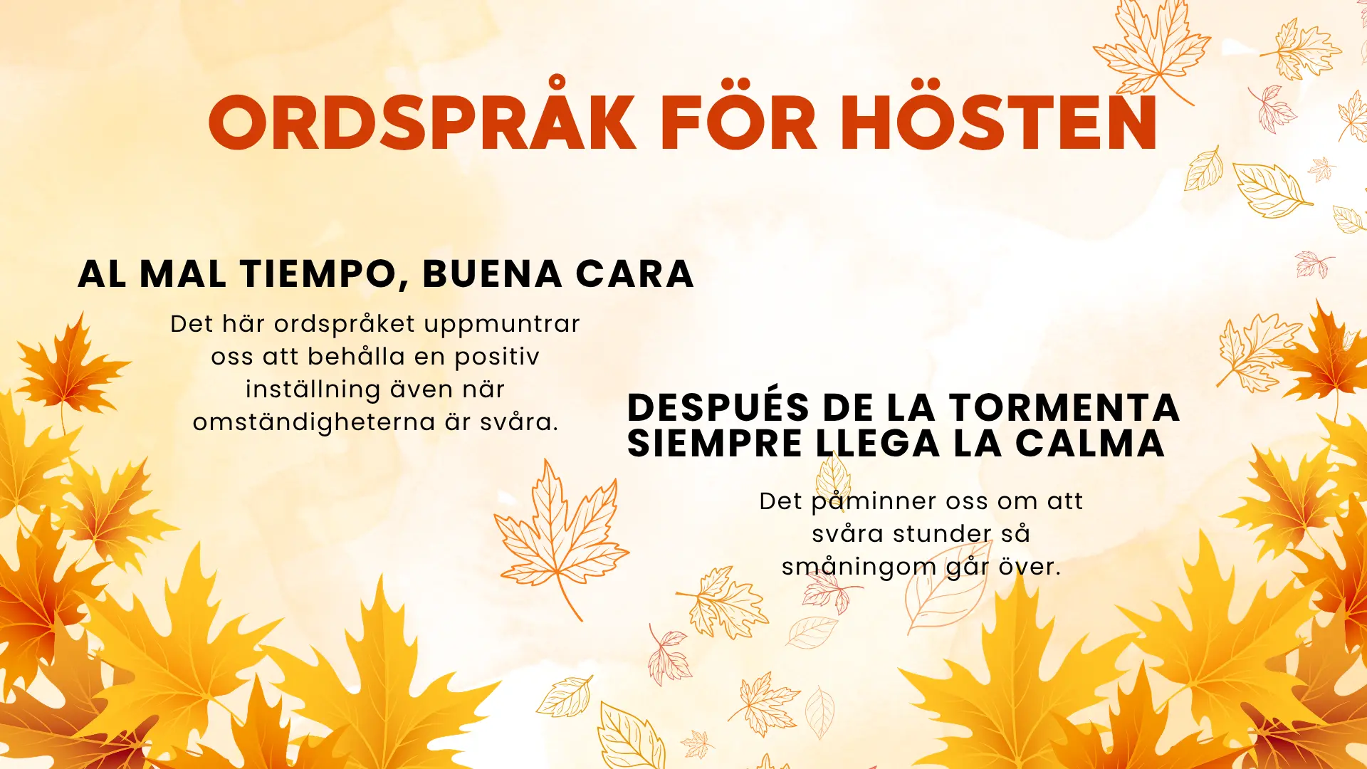 Spanish autumn weather sayings translated to swedish including “al mal tiempo, buena cara”, “después de la tormenta siempre llega la calma”